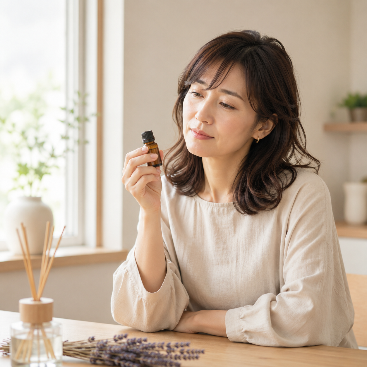アロマオイルを試香するが、なんだか実感が持てず表情がさえない女性
