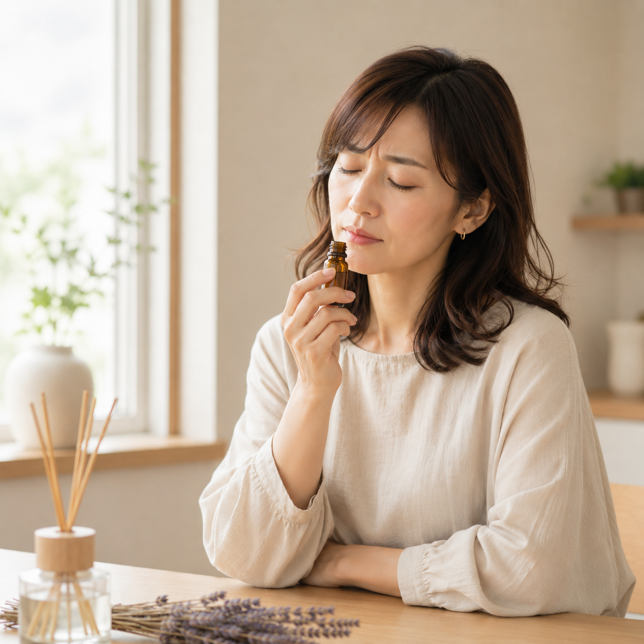 アロマオイルの瓶を手に、本当に自分に合うのか考え込む女性