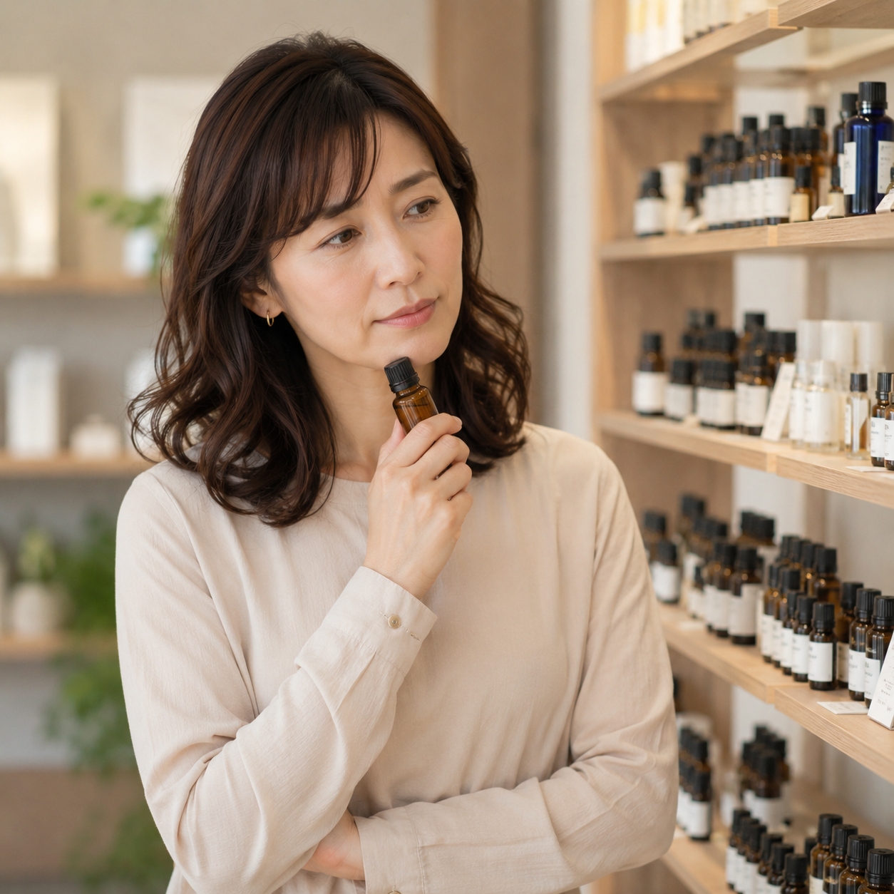 棚に並ぶ膨大なアロマを前に、どれを選べばよいか迷っている女性
