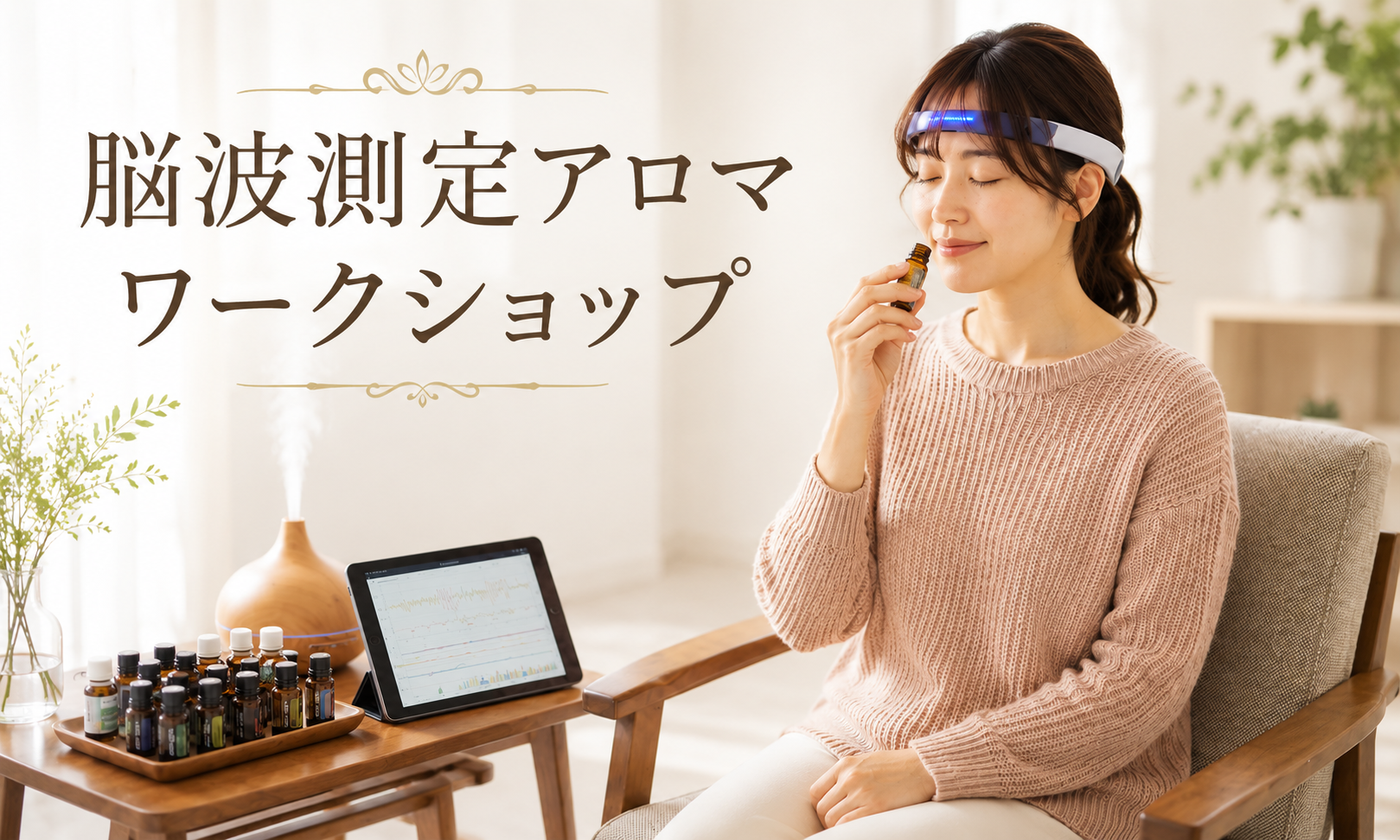 脳波測定ワークショップ - ヘッドセットを装着し、ディフューザーとアロマオイルが並ぶ空間で測定を受ける女性